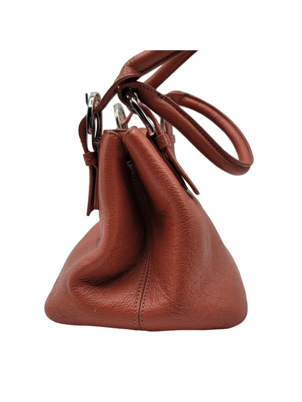Clarks Pebbled Leather Satchel Handbag Brown Burnt Orange Buckle Dual Handles